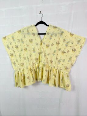 Handmade Vintage Yellow Floral Ruffle-Hem Pullover Top XL